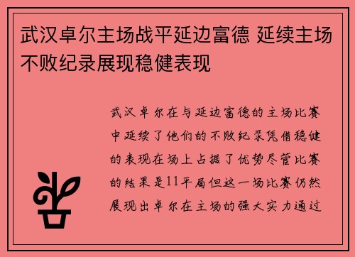 武汉卓尔主场战平延边富德 延续主场不败纪录展现稳健表现